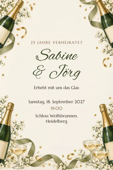 Einladung Jubiläum, Design Sekt und Seidenbänder