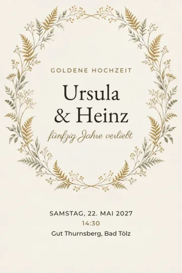 Einladung Jubiläum, Design Goldener Farnkranz