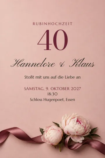 Einladung Jubiläum, Design Pfingstrosen mit Band