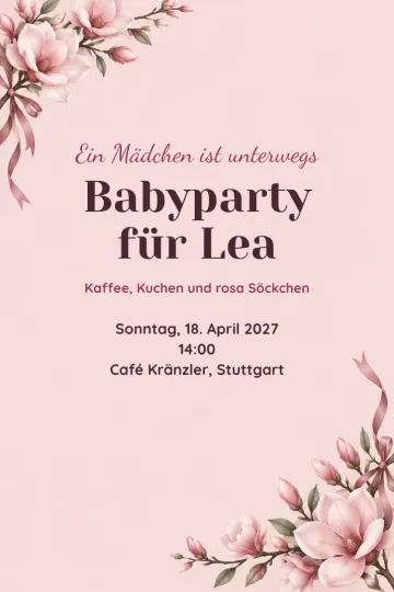Einladung Babyparty, Design Magnolie mit rosa Band