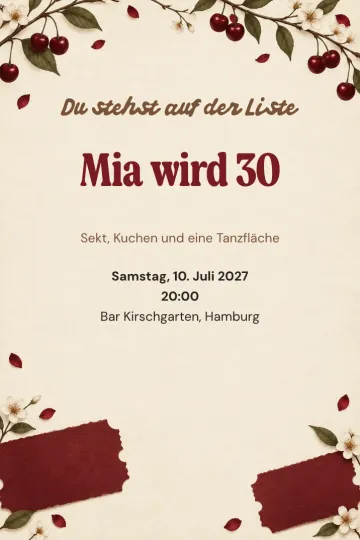 Einladung Geburtstag, Design Kirschen und Tickets