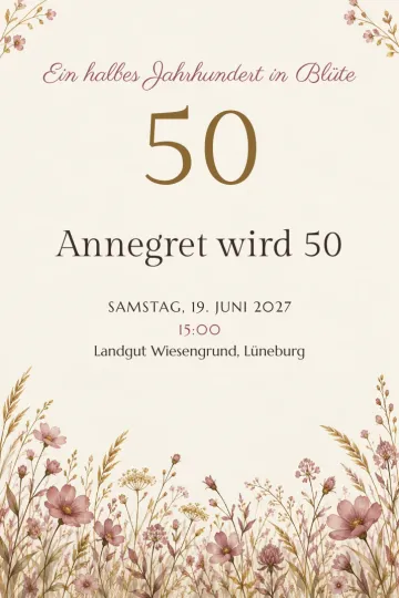 Einladung Geburtstag, Design Goldene Blumenwiese