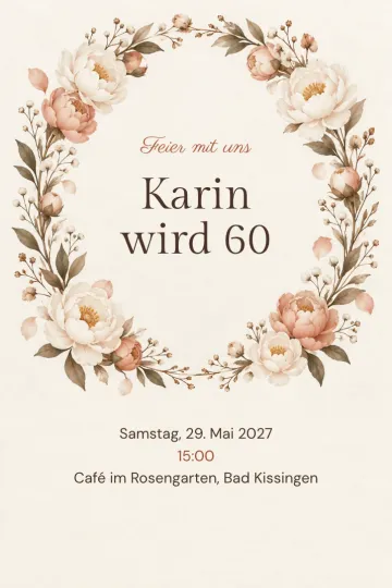 Einladung Geburtstag, Design Pfingstrosenkranz