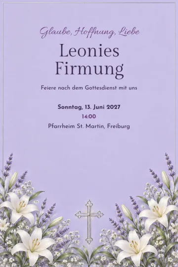 Einladung Taufe und Kommunion, Design Lilien und Lavendel