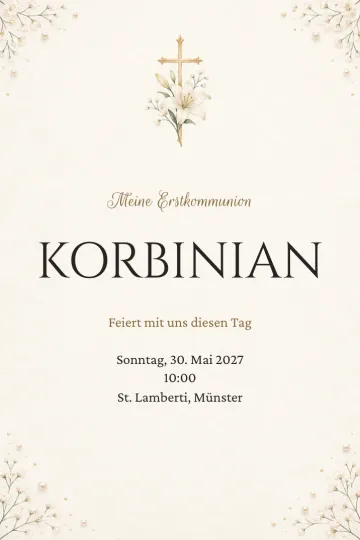 Einladung Taufe und Kommunion, Design Lilie mit goldenem Kreuz