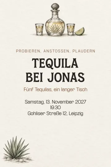 Einladung Essen und Drinks, Design Tequila als Radierung