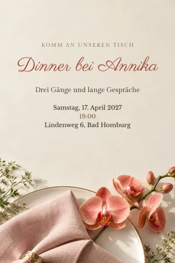 Einladung Essen und Drinks, Design Korallenrote Orchidee