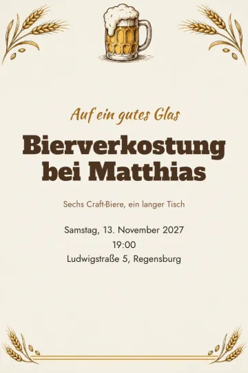 Einladung Essen und Drinks, Design Bierkrug und Gerste
