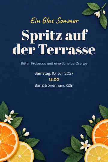 Einladung Essen und Drinks, Design Orange und Zitrone