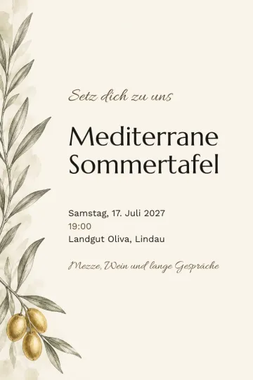 Einladung Essen und Drinks, Design Olivenzweig