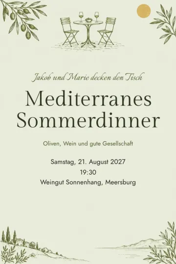 Einladung Essen und Drinks, Design Bistro unter Olivenzweigen