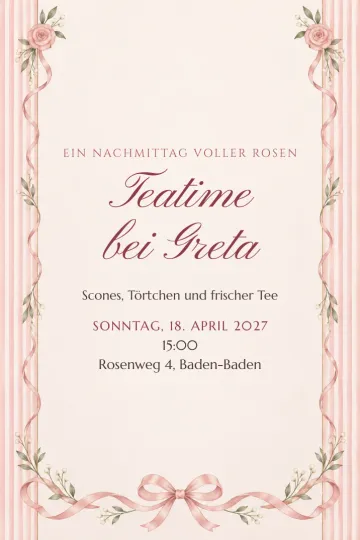 Einladung Essen und Drinks, Design Rosen und Schleifen