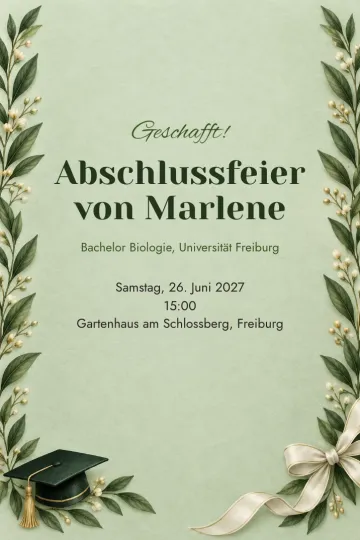 Einladung Abschluss, Design Lorbeer und Absolventenhut