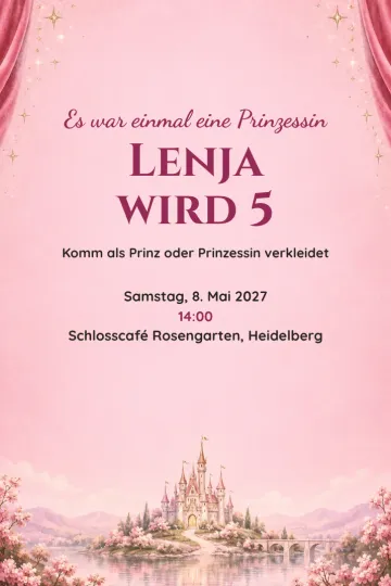 Einladung Kindergeburtstag, Design Märchenschloss hinterm Vorhang