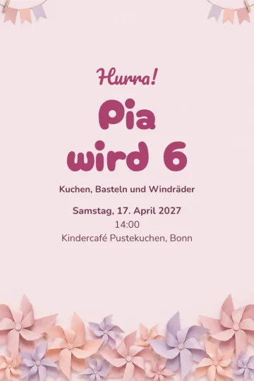 Einladung Kindergeburtstag, Design Rosa Windräder