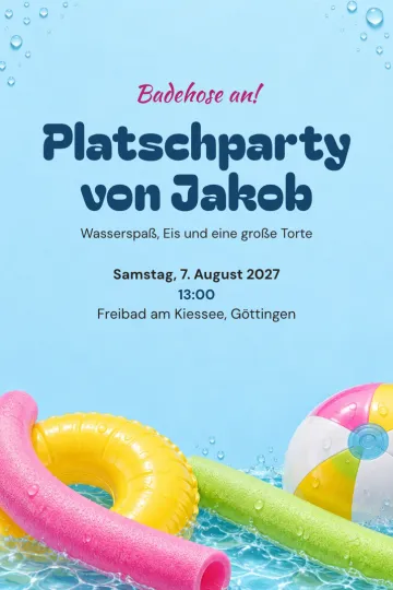 Einladung Kindergeburtstag, Design Poolnudeln und Wasserball