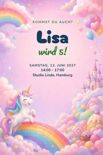 Einladung mit dem Design Einhornland