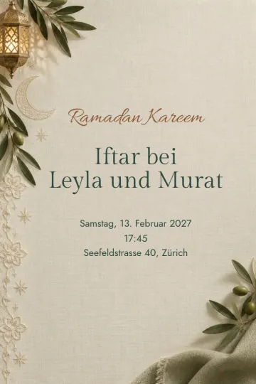 Einladung Feiertage, Design Olivenzweig und Mondsichel