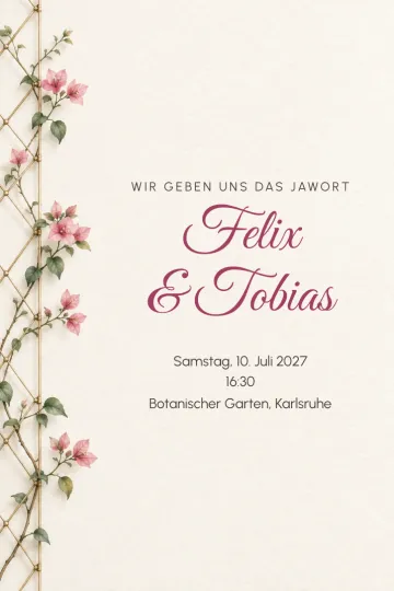 Einladung Hochzeit, Design Bougainvillea am Spalier