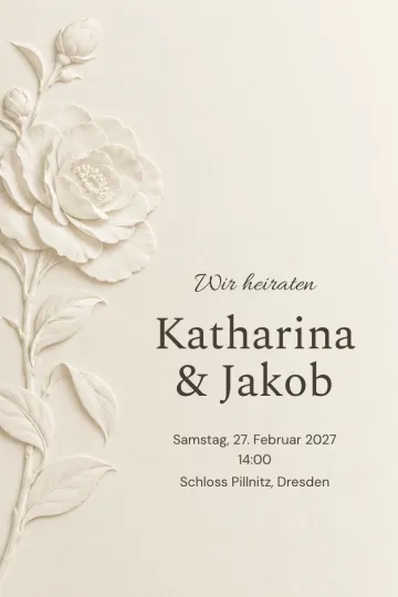 Einladung Hochzeit, Design Kamelie im Relief