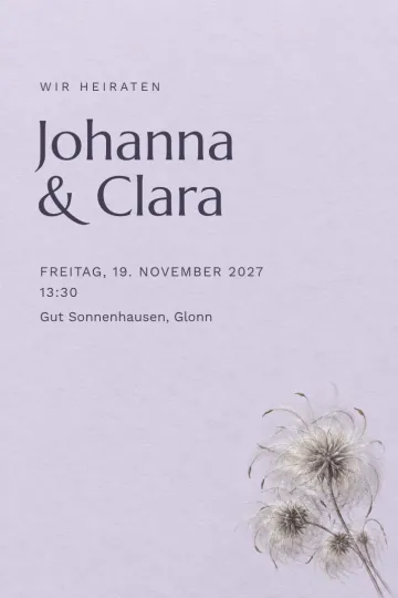 Einladung Hochzeit, Design Clematis im Silberlicht