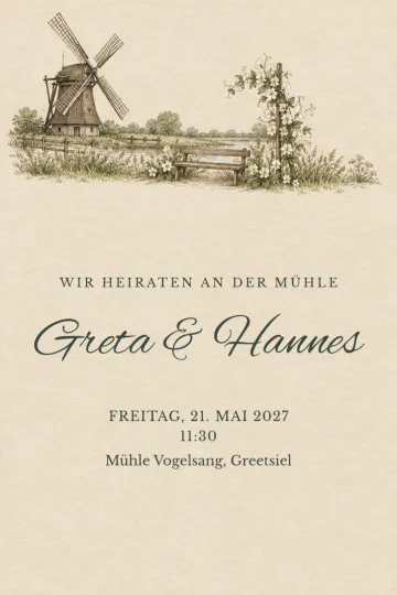 Einladung Hochzeit, Design Hochzeit an der Windmühle