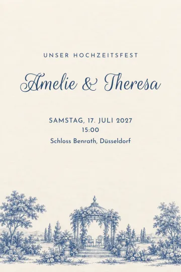 Einladung Hochzeit, Design Blauer Pavillon