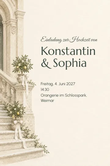 Einladung Hochzeit, Design Treppe zur Orangerie