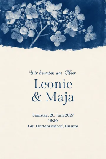 Einladung Hochzeit, Design Hortensie als Cyanotypie