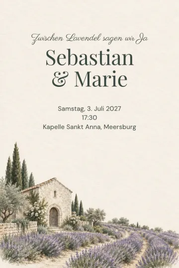 Einladung Hochzeit, Design Kapelle im Lavendelfeld