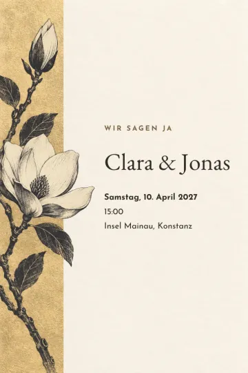 Einladung Hochzeit, Design Magnolie im Holzschnitt