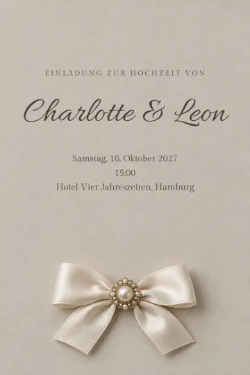 Einladung Hochzeit, Design Satinschleife mit Perle