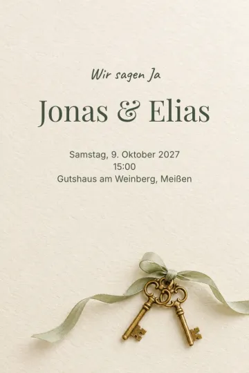 Einladung Hochzeit, Design Schlüssel am Seidenband
