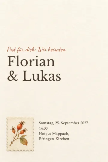 Einladung Hochzeit, Design Briefmarke mit Hagebutte