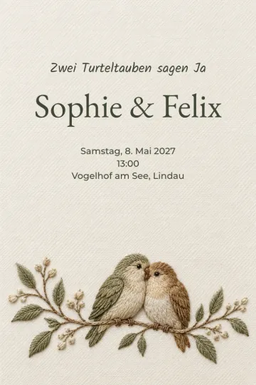 Einladung Hochzeit, Design Gestickte Turteltauben