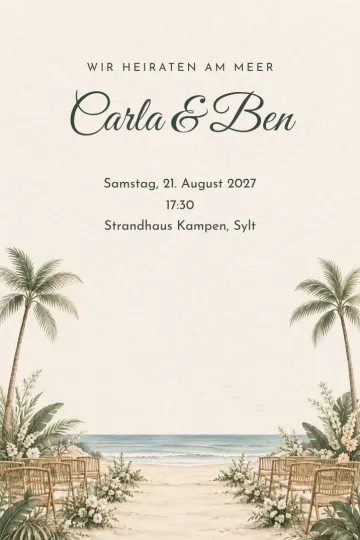 Einladung Hochzeit, Design Palmen am Meer