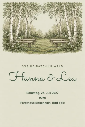 Einladung Hochzeit, Design Lichtung im Birkenwald